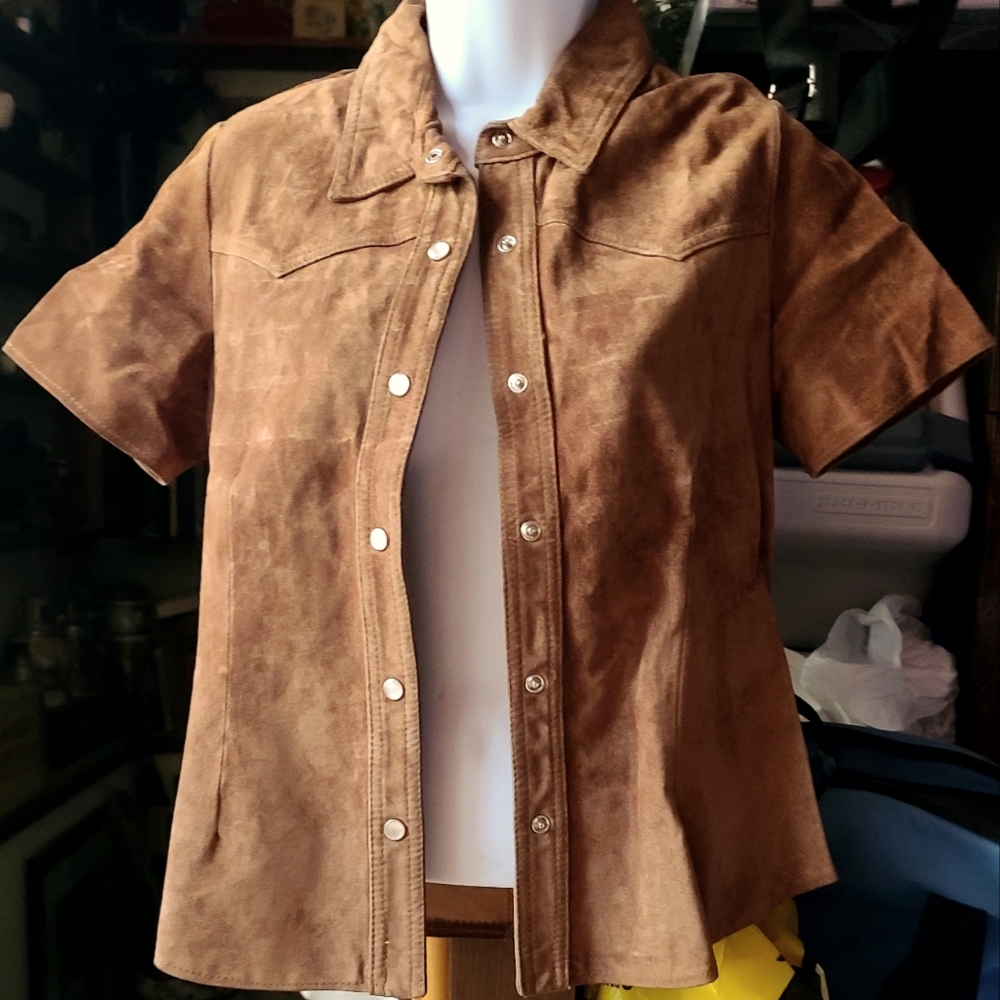 For Joseph genuine suede Leather brown short sleeve button front shirt szM